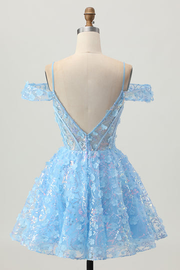 Sparkly Sequins Blue A-Line Cold Shoulder Mini Homecoming Dress with Open Back